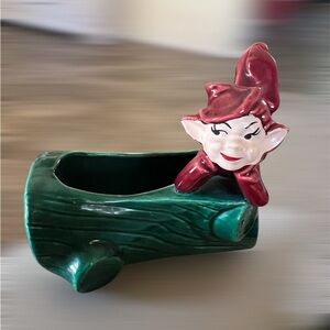 MCM Pixie Ceramic Log Planter with red pixie